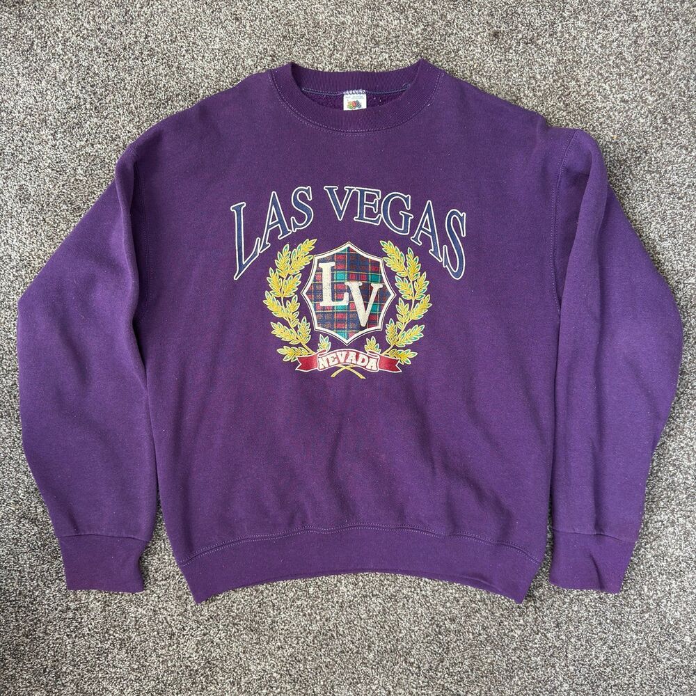 Vintage 90s Las Vegas Nevada Plaid Crest Crewneck Sweatshirt Purple
